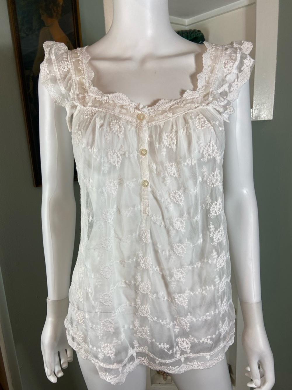 Pinky White Lace Sheer Button Tank Top Mesh Embroidered Romantic Floral Medium M